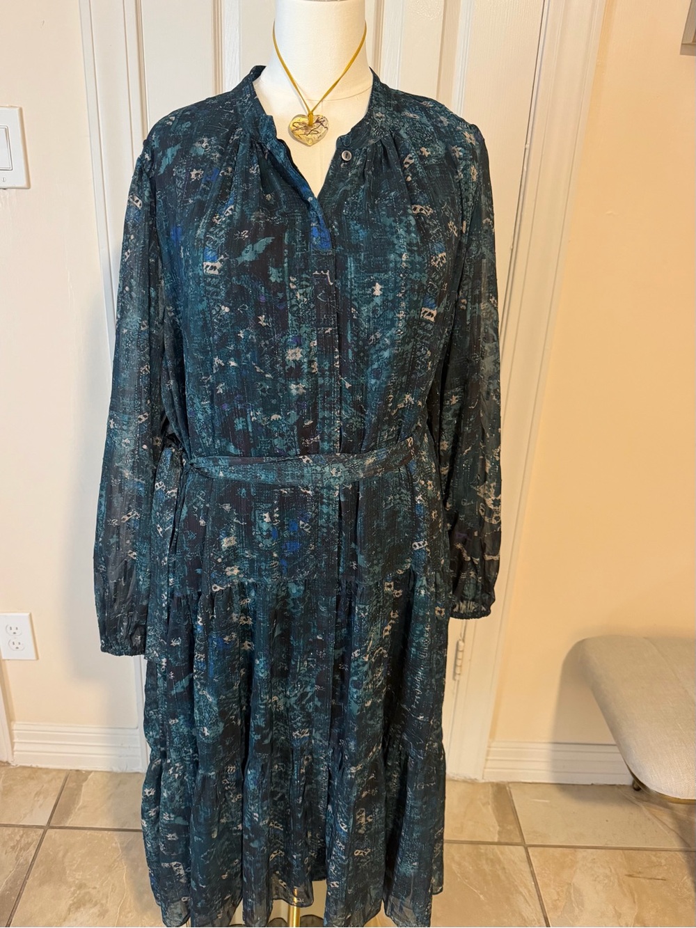 Kobi Halperin Dark Teal Printed Long Sleeve Midi Dress